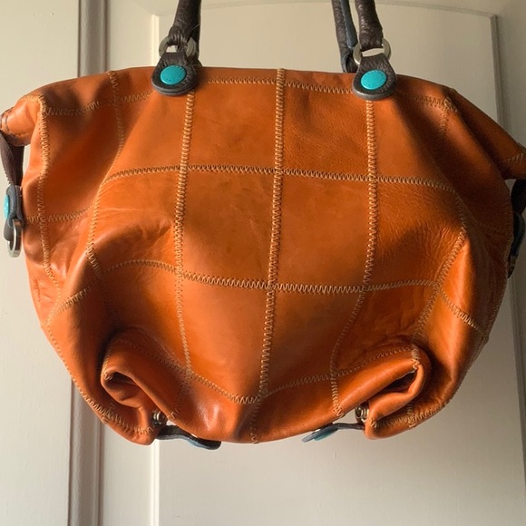 Don’t Worry Be Gabs Made In Italy Orange With Blue Snaps Handbag - Picture 4 of 11